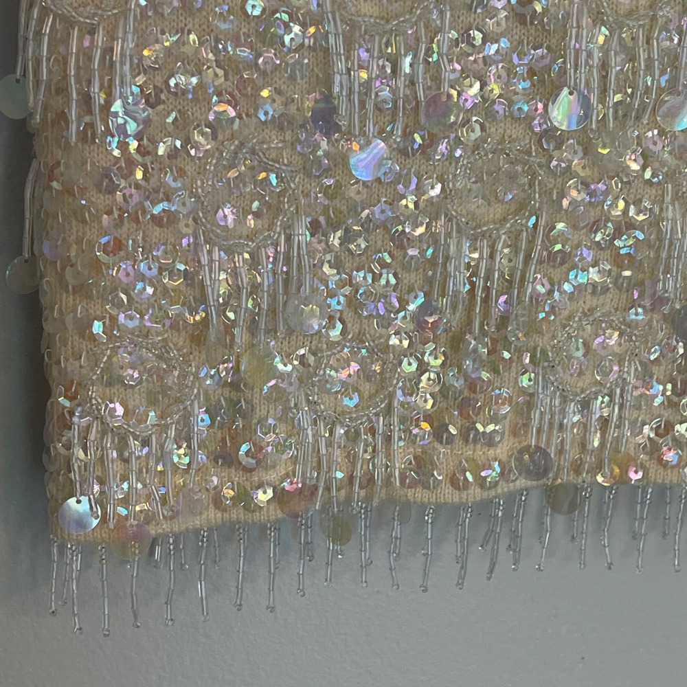 Vintage Wool Sequin Beaded Fringe Top Cream Iridescent Small Flapper Gatsby - Picture 4 of 7